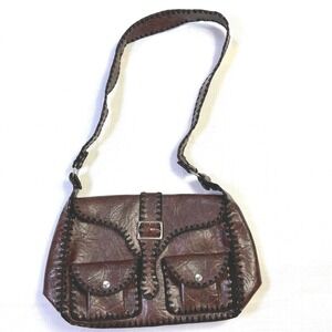 Vintage Brown fAUX Leather Shoulder Bag Handmade Whipstitch Boho Crossbody Purse